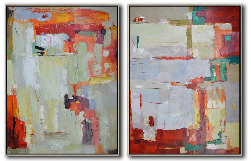 Set Of 2 Contemporary Art On Canvas,Huge Canvas Art On Canvas,Purple Grey,Dark Red,Light Green